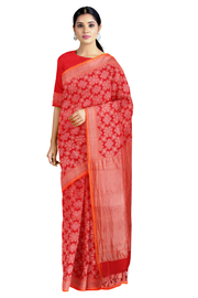 Red Jacquard Banarsi Saree with Silver Zari