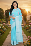 Blue Jacquard Saree with Magenta and White Border and Butas
