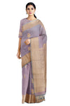 Thistle Purple, Golden and Silver Zari Jacquard Saree with Cyan Border