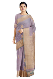 Thistle Purple, Golden and Silver Zari Jacquard Saree with Cyan Border