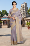 Thistle Purple, Golden and Silver Zari Jacquard Saree with Cyan Border
