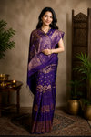 Purple Jacquard Cotton Banarasi Saree with Golden Zari Border and Motifs