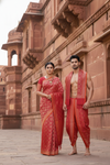 Red and Golden Zari Jacquard Banarasi Couple Set with Orange Border