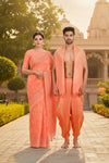 Peach and Golden Zari Jacquard Banarasi Couple Set