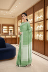 Green Jacquard Saree with Silver Zari Border and Blue and Golden Zari Butis