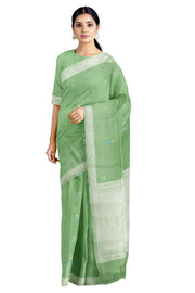 Green Jacquard Saree with Silver Zari Border and Blue and Golden Zari Butis