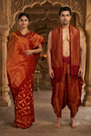 Carmine Red, Brown and Golden Zari Jacquard Banarasi Couple Set