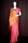 Pink and Golden Zari Jacquard Cotton Banarasi Saree with Magenta Border