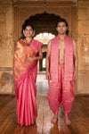 Pink and Golden Zari Jacquard Banarasi Couple Set with Magenta Border