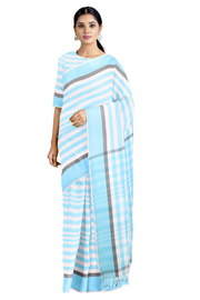 Sky Blue and White Striped Saree with Sky Blue Border