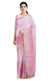 Cotton Candy Pink and White Striped Saree with Magenta and Yellow Border