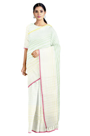 Pale Yellow, Celadon Green and White Striped Saree with Yellow and Magenta Border