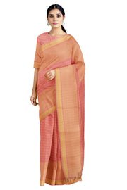 Blush Red and Yellow Check Saree with Striped Border