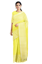 Summer Yellow and White Check Saree with Striped Border