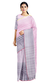 Advent Purple, Taffy Pink and White Striped Saree with Magenta and Yellow Border