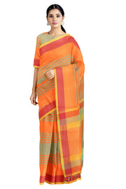 Orange and Green Striped Saree with Red and Yellow Border