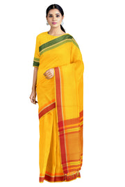 Yellow Saree with Red Stripes, Green and Red Border