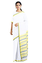 White Saree with Gray, Yellow Border