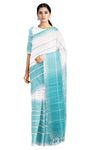 Cyan and White Striped Saree with Same Border