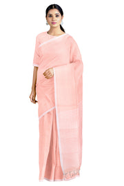 Peach Saree with White Stripes and White Border