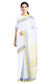 White Saree with Yellow, Gray Border