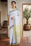 White Saree with Yellow, Gray Border