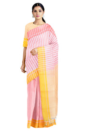Pink Saree with White Stripes and Royal Yellow Pallu and Pink, Yellow Border