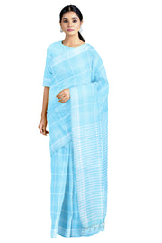 Sky Blue Saree with White Striped Check and White Striped Border