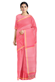Coral Pink Saree with Cyber Yellow, White Border