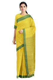 Pineapple Yellow Saree with Green Stripes and Green Border