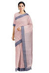 Peach Saree with Blue Stripes and Denim Blue Border