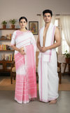 White Couple Set with Red Stripes and Violet Border