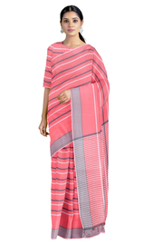 Punch Pink Saree with Blue, White Striped and Blue Stripes Border