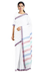 White Saree with Multi Stripes Border