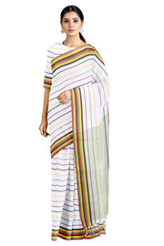 White Saree with Yellow,Green,Red Border