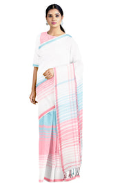 Multi Saree with White, Blue and Pink Border