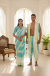 White, Blue and Green Striped Couple Set with Same Border