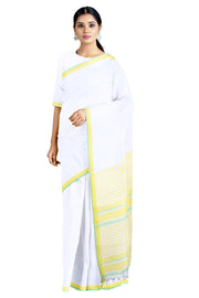 White Saree with Green, Yellow Border