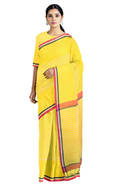 Yellow Saree with White Striped and Magenta, Blue Border