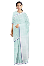 Sea Green Check Saree with White, Blue Border