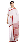 Self Striped White Saree with Beige and Red Border