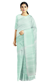 Pista Saree with White Stripes and Light Pista Border