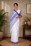 White Saree with Linings and Blue Border