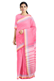 Pink saree with Pink,White Striped Border