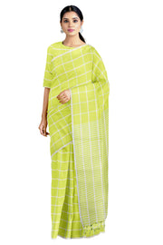 Parrot Green Check Saree with White Border