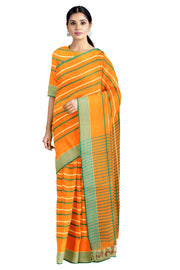 Orange Saree with Multi Stripes and Sea Green Border