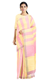 Pink, Yellow Saree with Brown Border