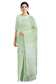 Forest Green Saree with Off White Stripes and Off White Border