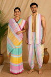 White, Pink, Yellow and Green Striped Couple Set with Magenta Border