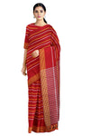Carmine Red Saree with Yellow, White Striped and Yellow Striped Border